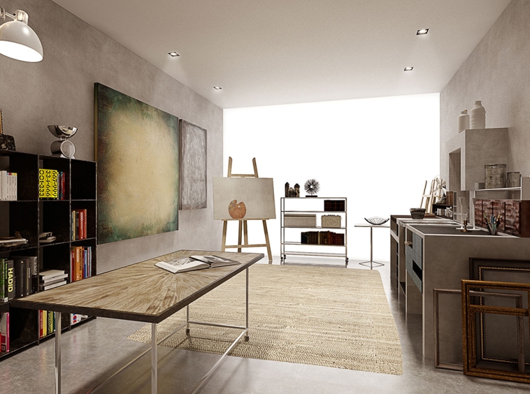 A room with a table and chairs, a painting on the wall