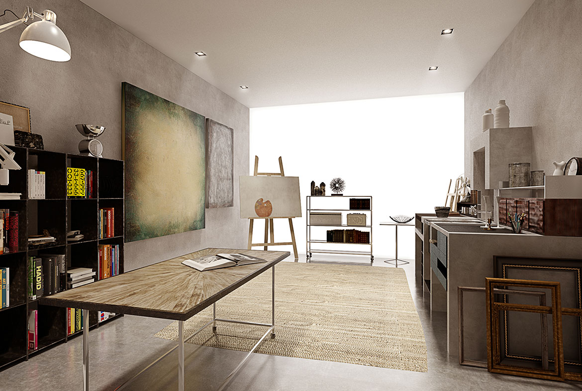 A room with a table and chairs, a painting on the wall